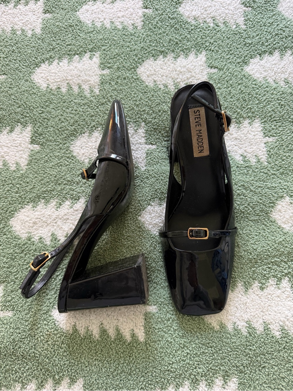 Steve Madden Black Patent Square-Toe Slingback Block Heels